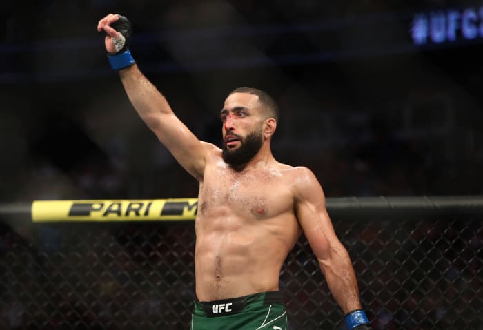 Belal Muhammad reacts following his match against Demian Maia during UFC 263 at Gila River Arena.